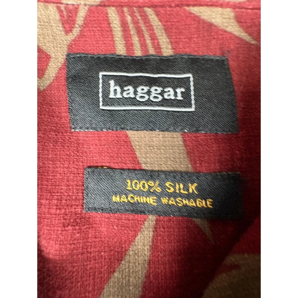 Haggar Mens XL Silk Aloha Shirt Red Tan Floral Hibiscus Short Sleeve Button Up